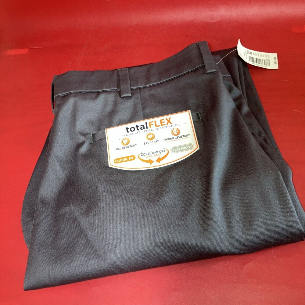 Roundtree & Yorke Total Flex Pants Mens 38x34 Gray Classic Fit Flat Front NW